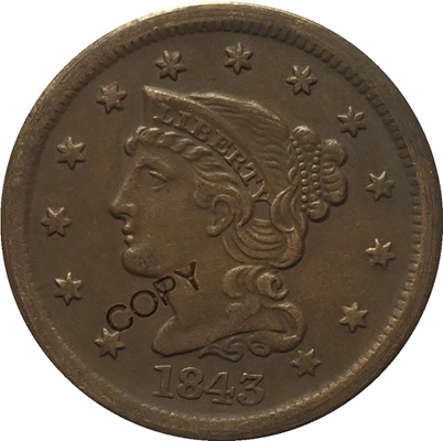 1843 США 1839-1857 Заплетенные волосы большой цент копии монет - Цвет: 1843