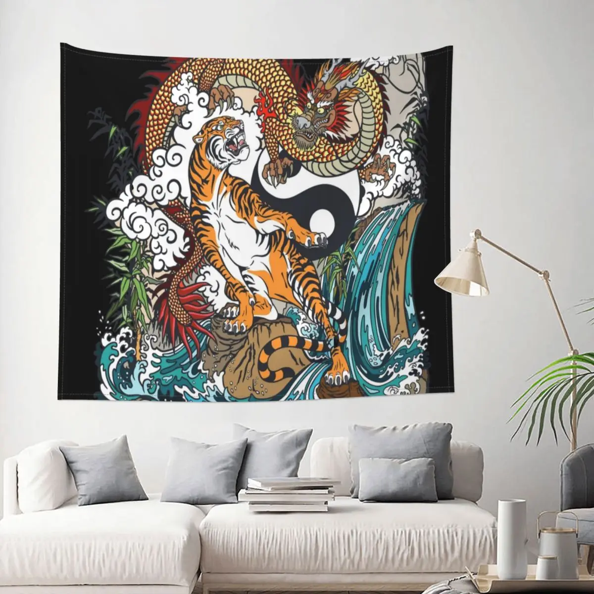 

Chines Dragon And Tiger Tattoo Tapestry Cobija Animal Wildlife Decoration Wall Room Home Decor Hanging Living room Kawaii Style