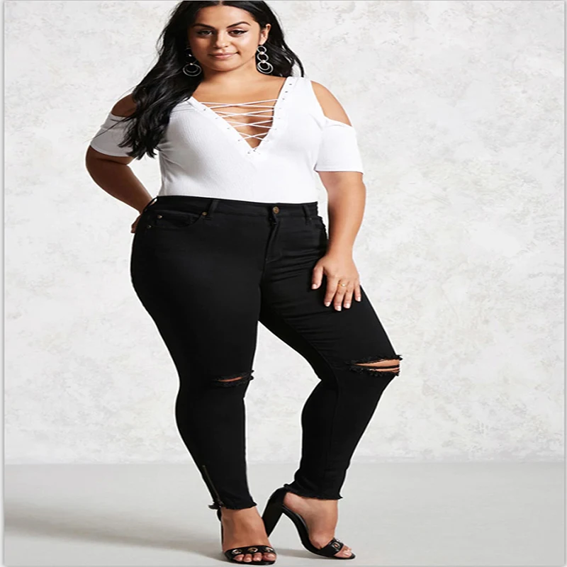 

New women's jeans high waist oversize Super Stretch slim hole pencil pants Leggings