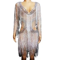 shining silver rhinestone tassel women dress mesh perspective show waist nightclub costumes evening prom drag queen outfit