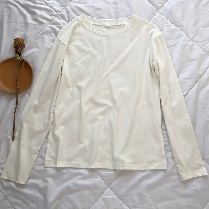 Beige white 22 Однотонная футболка с длинным рукавом Женская Kpop шикарная свободная хлопковая Футболка с круглым вырезом черная Harajuku Kawaii простая Базовая футболка Femme - Цвет: Beige white