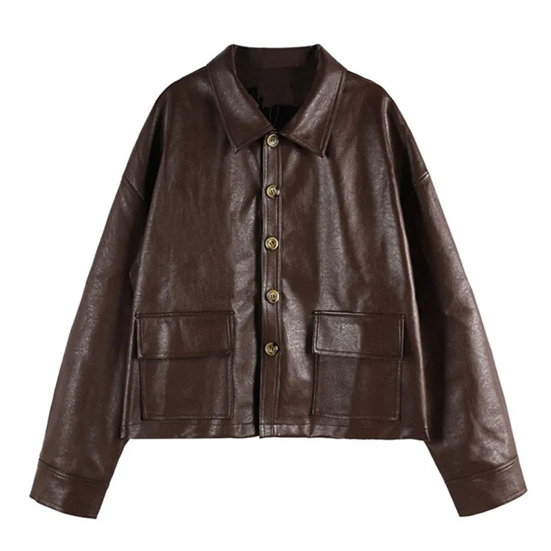 

2021 New brown PU Leather Short Jackets Women Long Sleeve Lapel Button Jacket Coat with Pockets Spring Autumn Outerwear Female