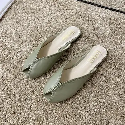 light green001 EOEODOIT шлепанцы на низком каблуке с круглым носком; летние модные стильные кожаные туфли; сандалии; универсальная нескользящая обувь без шнуровки - Цвет: light green001