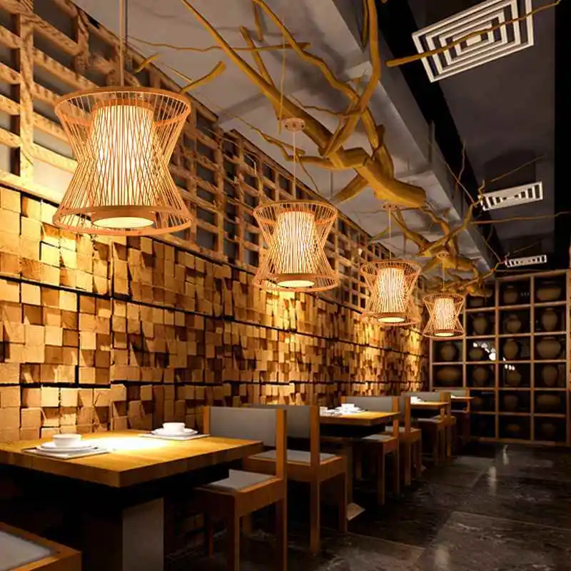 Бамбуковая плетеная Подвесная лампа из ротанга с волнистым абажуром винтажный