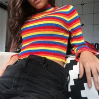 womens sweater rainbow stripe high neck loose sleeves long sleeves sweaters female knitted pullover sexy short pullover sweater