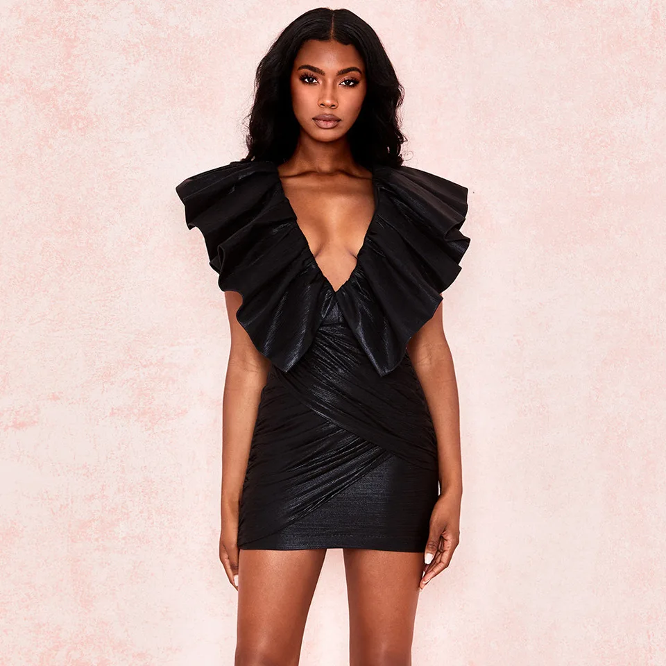 

GIYU Women's Deep V-neck Dress, Large Ruffled Stand-up Collar, Waist, Fashionable Sexy T-taiwan Mini Skirt, Spring Summer 2021
