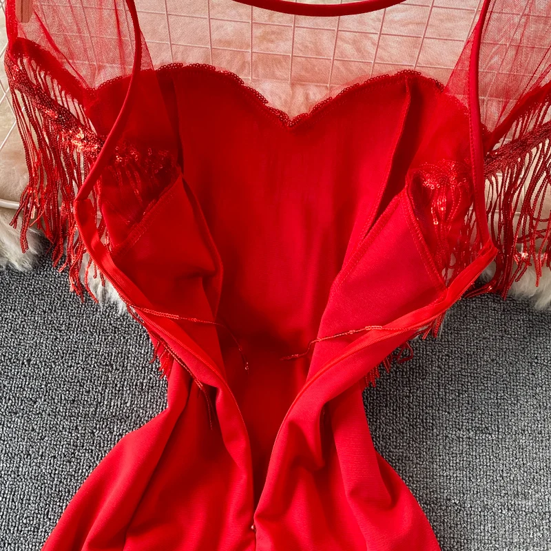 

Elegant Women See Though Mesh Patchwork Tassels Mermaid Long Dress 2021 New Design Slim Sexy Evening Party Maxi Dress Vestidos