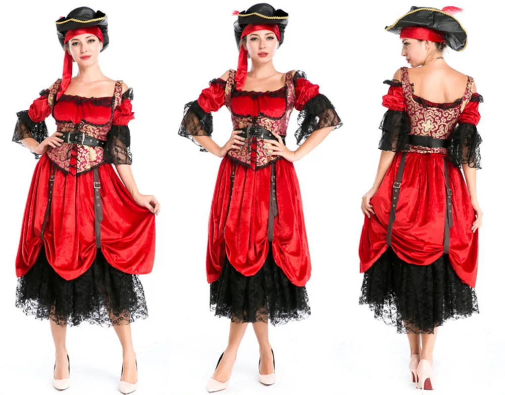 

Halloween Captain Pirate Party Adult Sexy Women Costume Spanish Red Dress Cosplay