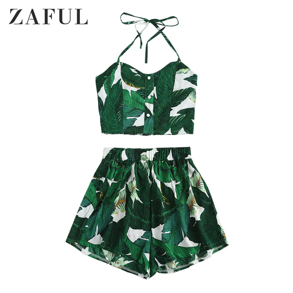 ZAFUL Женский комплект с тропическим принтом в виде листьев гофрированный Топ на