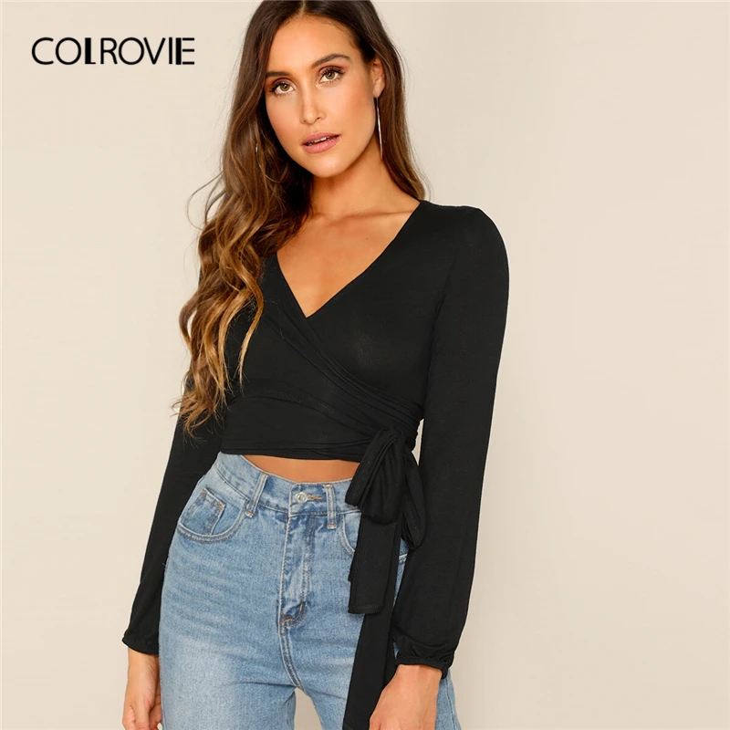 COLROVIE/однотонная укороченная футболка для женщин с v-образным вырезом и длинными рукавами, повседневные топы, Осенние облегающие футболки в стиле бохо