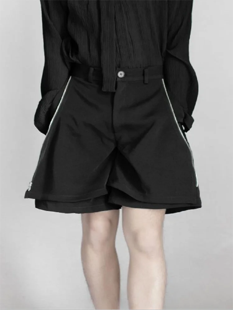 The new summer youth trend men's shorts black zipper spliced wide leg shorts casual fashion pocket design