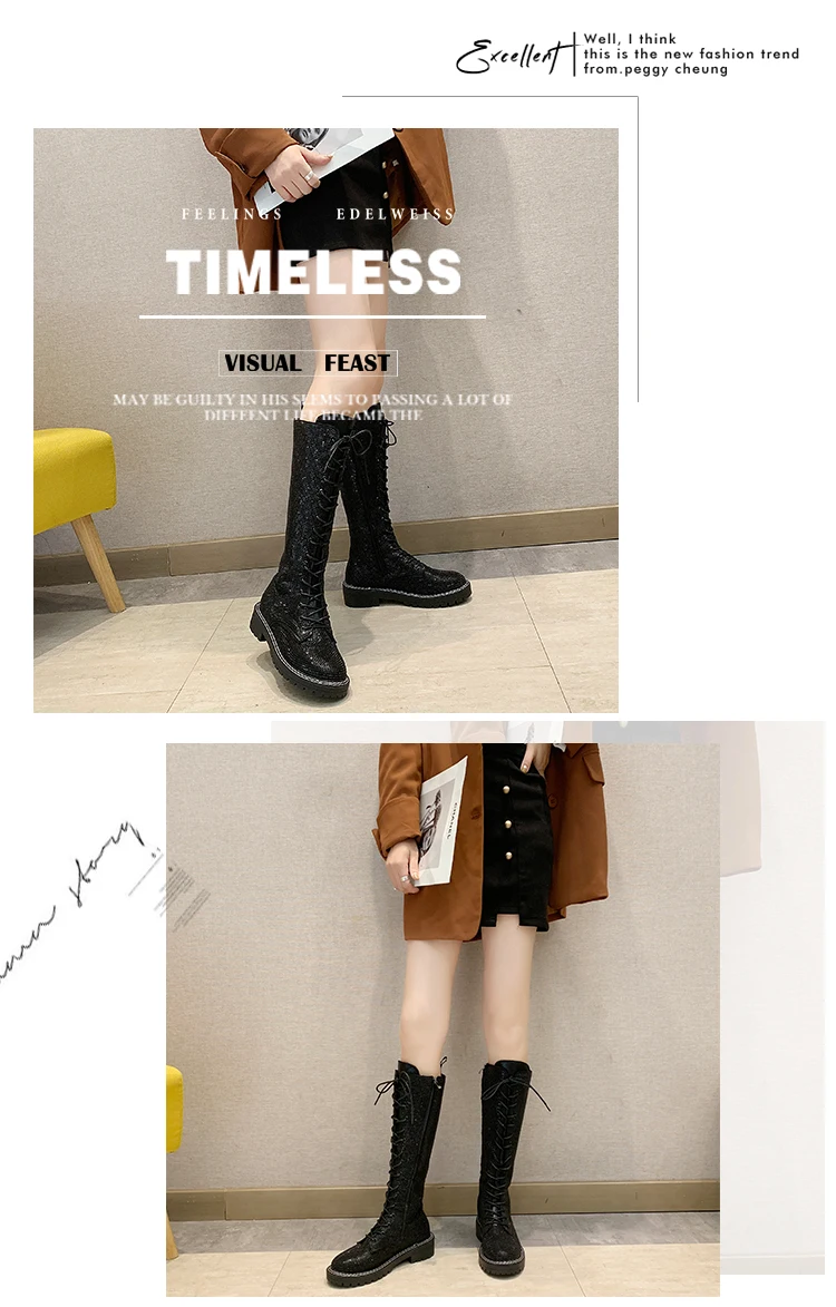 Fashion Sexy Women's Lace-Up Knees High Long Boots Bling Rhinestone Leather Platform Martin Boots Black Silver Zapatos Drop Ship