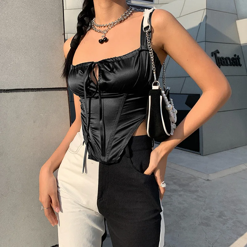 

Women Sexy Bodycon Tank Tops Corset Spaghetti Straps Tie Up Front Square Neck Asymmetric Party Club Sleeveless Black Crop Tops