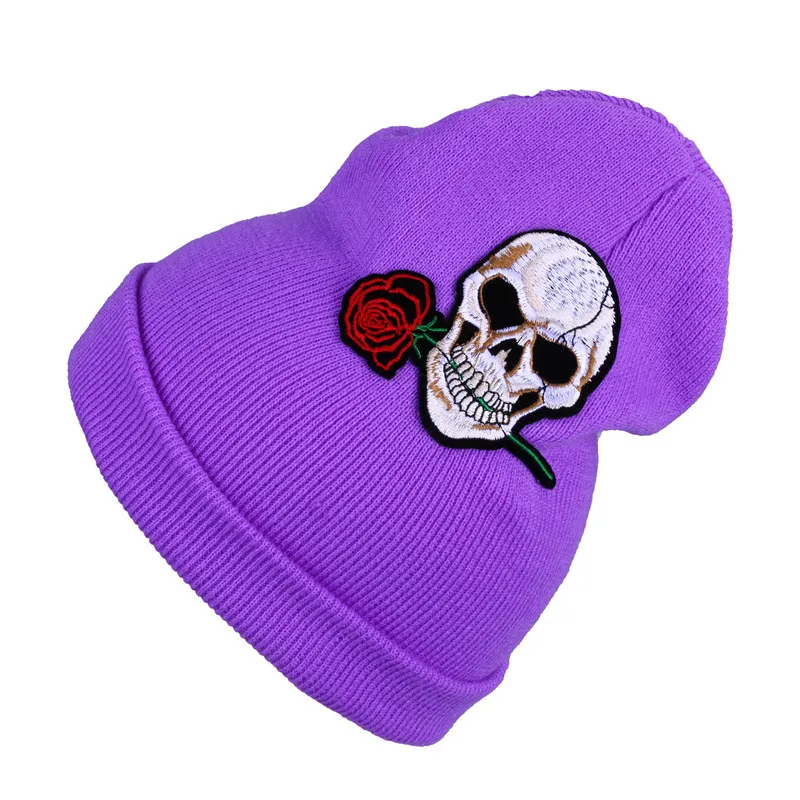 Новое модное платье с цветочным принтом с вышивкой вязаные skullies для мужчин и женщин, с героями мультфильмов, повседневная одежда, шапка зимняя теплая обувь для детей; мягкая хлопковая кепка головные уборы skullies - Цвет: purple