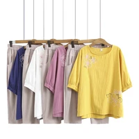 summer women sets clothes 2021 casual plus size t shirt capri pants 2 pieces cotton linen embroidery camiseta mujer