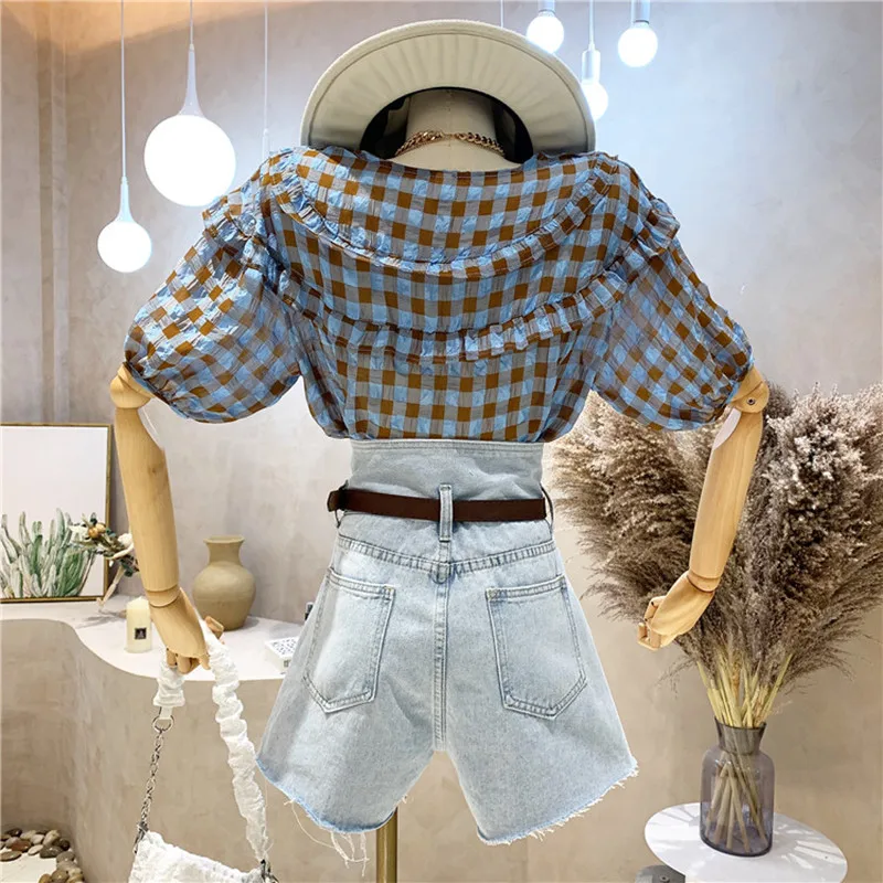 

Niche Design New Women's Clothing Summer 2021 Fashion Versatile Small Fresh Plaid Shirt Thin Doll Collar Short Sleeve Shirt Top