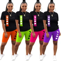 adogirl letter print women 2 piece set basic short sleeve tee neon color biker shorts sporty suit sets fitness casual tracksuits