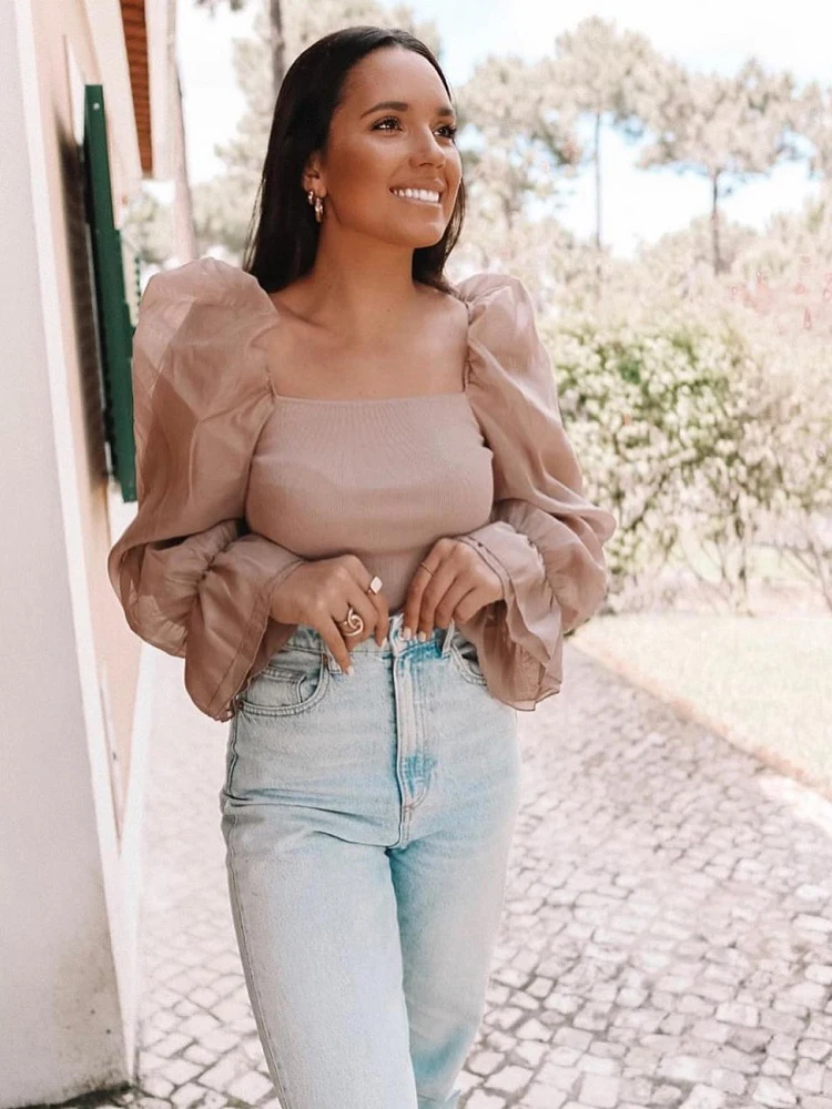 Женская винтажная блузка с длинным рукавом розовая сетчатая короткая квадратным