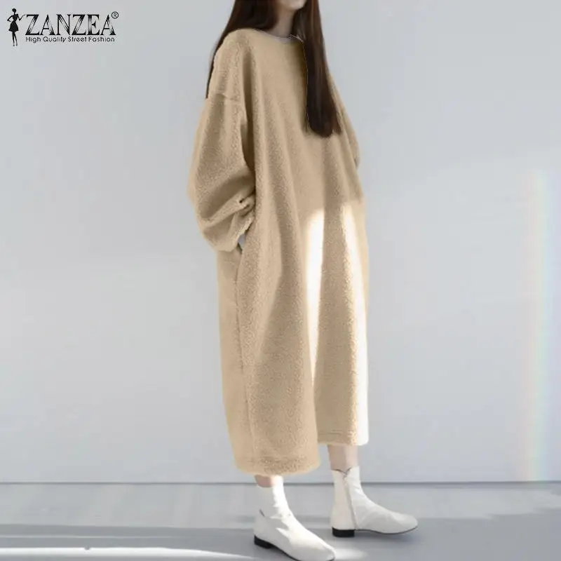 

Зимнее флисовое платье ZANZEA, женское осеннее платье-свитшот, Стильное однотонное платье с круглым вырезом и длинным рукавом, кафтан, длинный ...