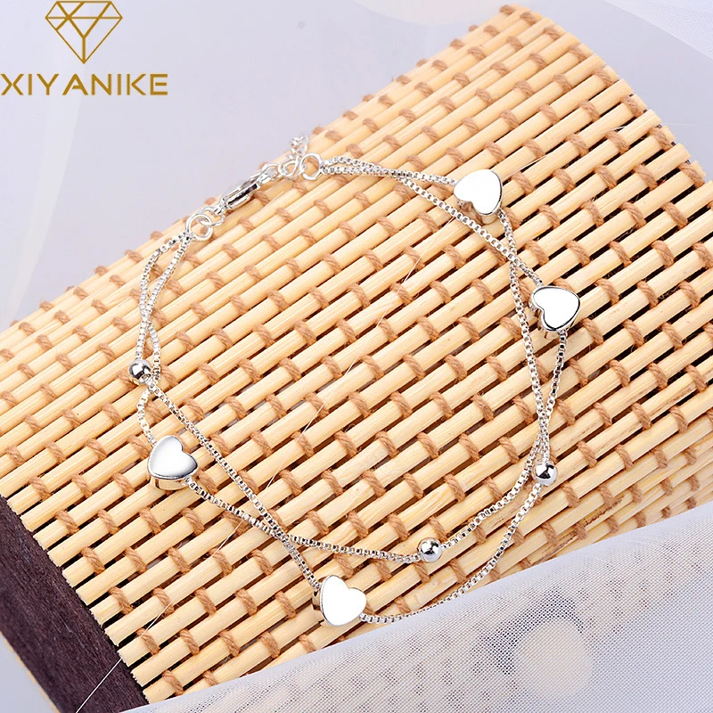 

XIYANIKESilver Color New Double Love Heart Round Beads Bracelet Female Multi-layer Design Simple Jewelry Classic Party