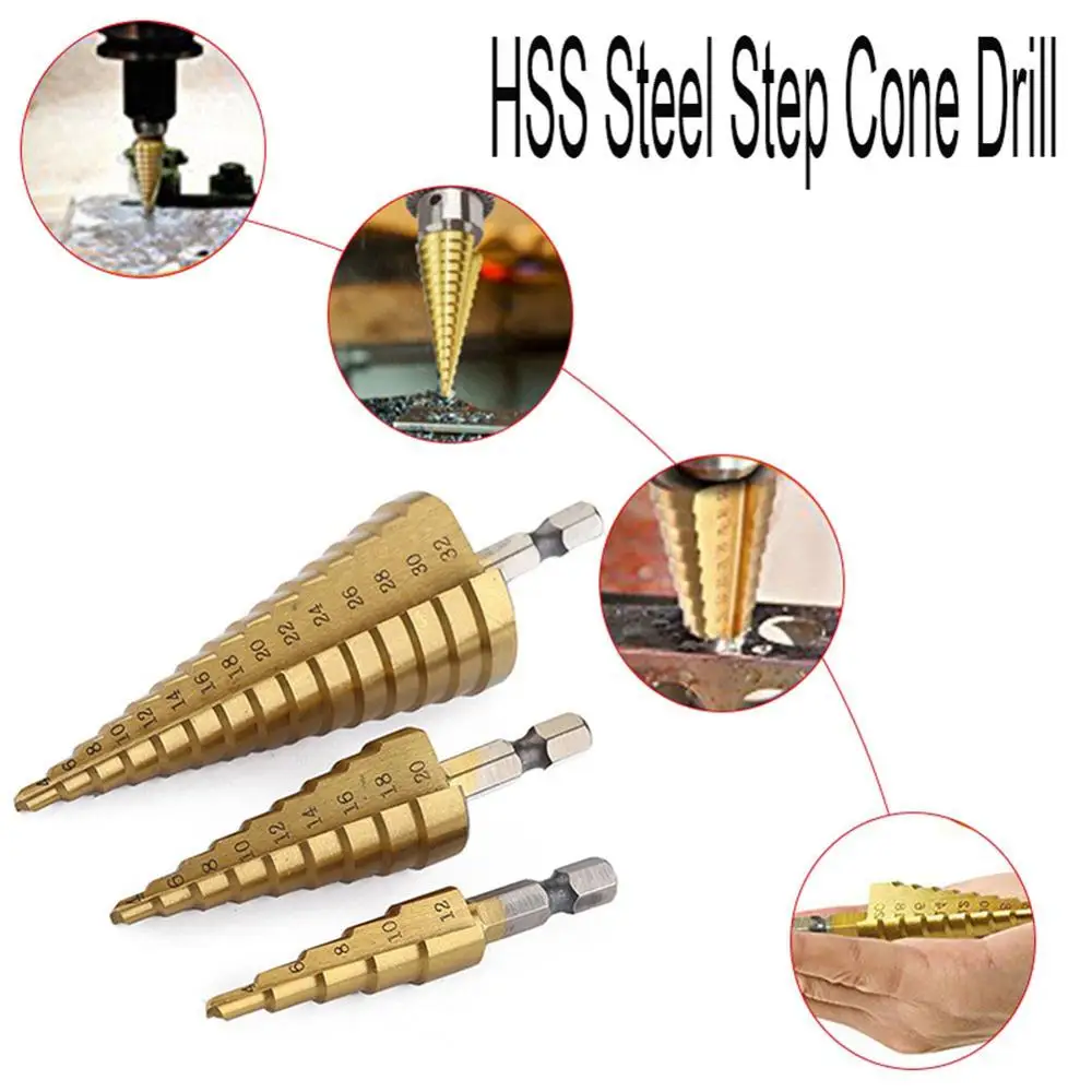 

3 pcs Set Drill Bit HSS Step Cone Taper Hole Cutter Metric 4-32mm Titanium Coated Metal Hex drill