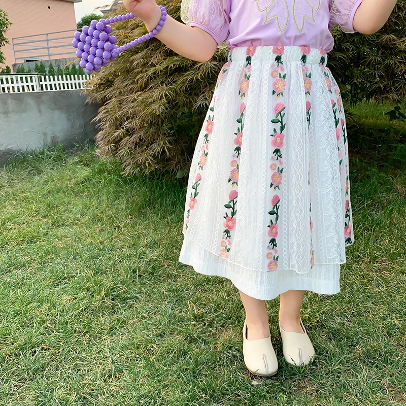

MILA CHOU 2021 New Summer Girl's Lace Embroidered Long Cake A-line Skirt Kids High Waise White Skirt For Children
