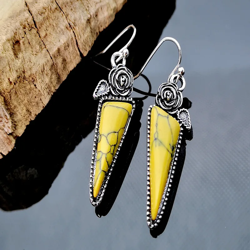 Yellow Resin Bohemian Triangle Drop Earrings - Vintage Retro Flower Long Pendant for Women image 4