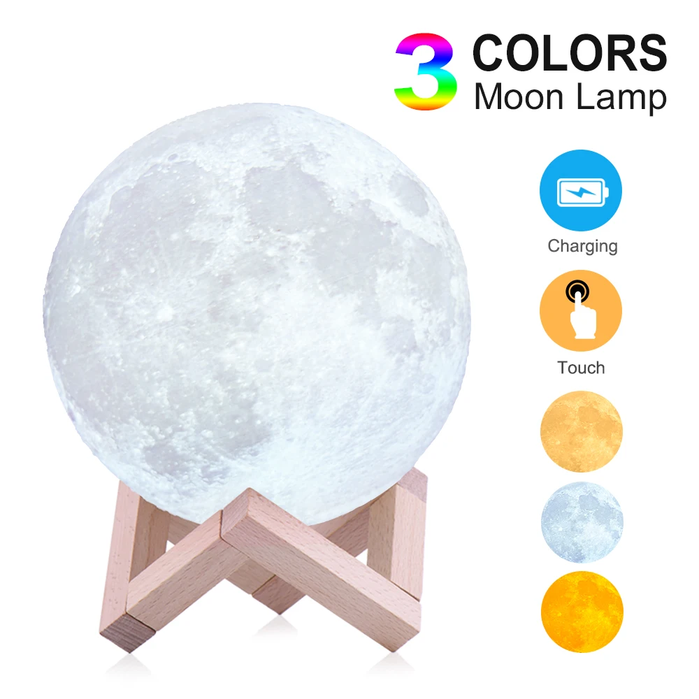 Rambery moon лампа 3d принт ночник перезаряжаемый 3 цветной кран лампа управления огни 16 цветов Изменение дистанционного светодиоды лунного света подарок