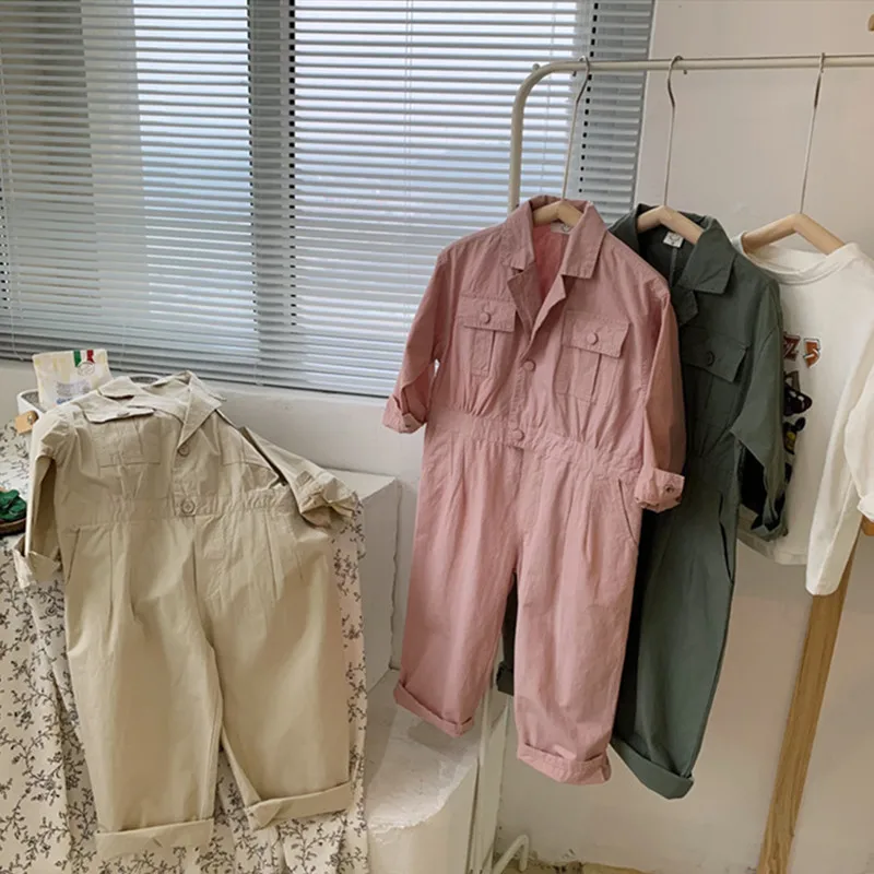 

Korean style boys and girls solid color casual bodysuits 2-7Y unisex kids cotton turndown collar long sleeve loose one-pieces