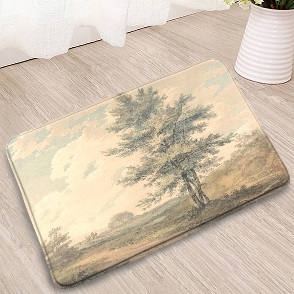 

Scenery Bathroom Mats Tree Mountain Boat Painting Doorway Welcome Carpet Bedroom Kitchen Corridor Flannel Anti-Slip Rug Washable