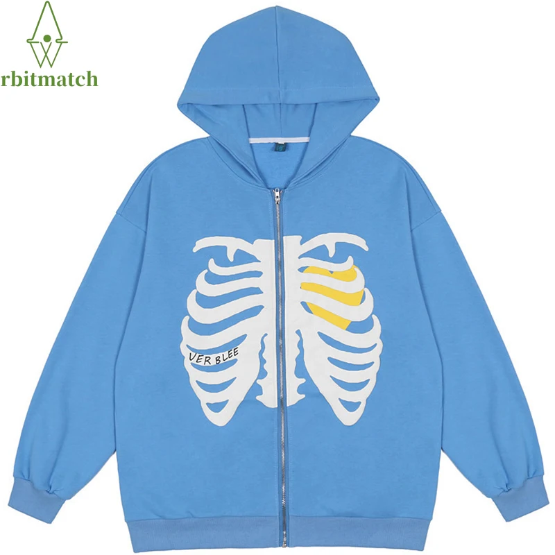 

Mens Hip Hop Streetwear Harajuku Loose Pullover Skeleton Printed Hoodie Cotton Fleece Pullover 2021 Black Hooded Sweatshirt Zip