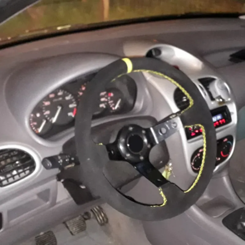 

Free Shipping racing 14" Steering Wheel Suede Leather Steering Wheel Deep Dish Racing Sport Steering Wheel yellow line