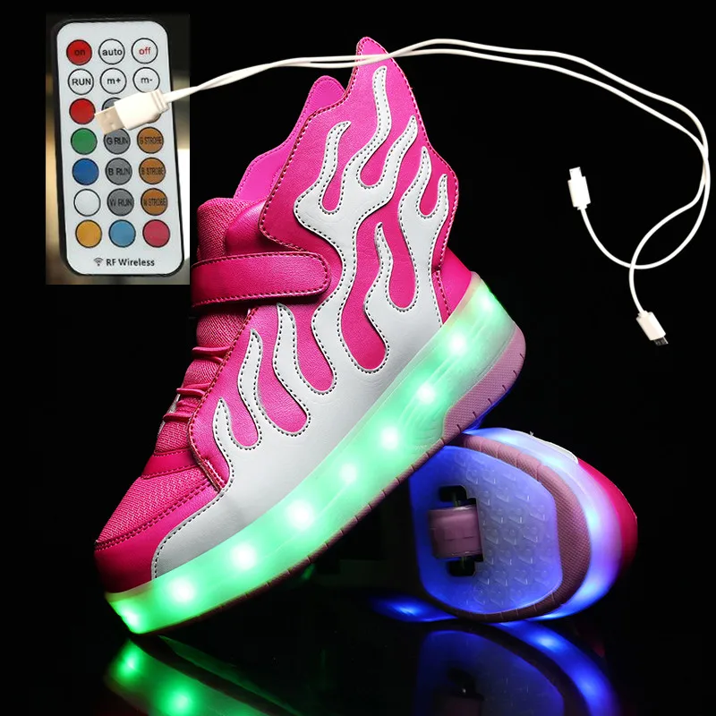 

Pink 2021 New USB Charging Children Sneakers remote control Girls Boys Led Shoes Kids Sneakers With Wheels Roller Skate Shoes