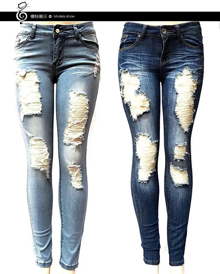 

2020 Jeans Women Fashion High Waist Woman Pants Casual Elasticised Jean Female Washed Denim Skinny Bodycon Hole Trousers