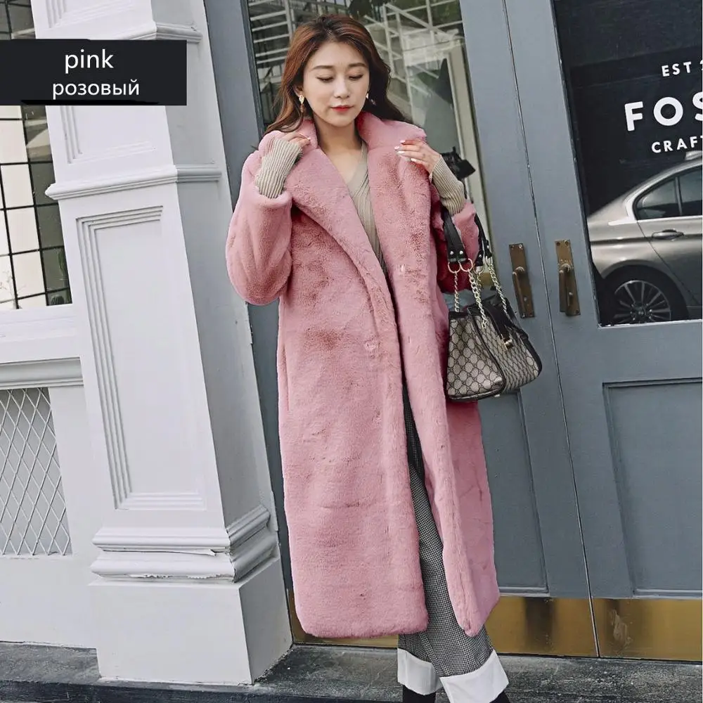 pink Длинное плюшевое пальто, Женское зимнее пальто, Женское пальто из искусственного меха с отворотом, женская повседневная куртка из искусственного меха, женские толстые теплые корейские пальто WJ431 - Цвет: pink