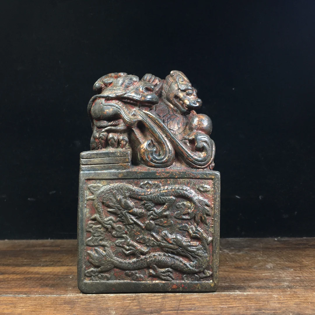 

5 "китайский храм коллекция Старый Бронзовый киноварный лак двойной дракон играть из бисера статуя тюлень городской дом Экзорцизм