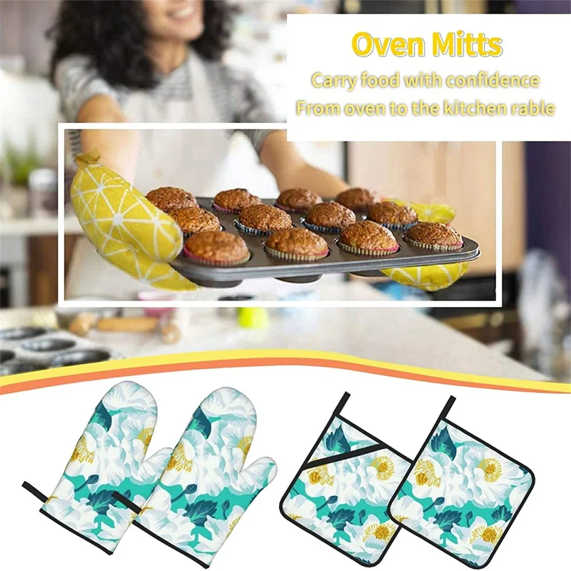 

Oven glove and pot holder set heat-resistant 4-piece set, kitchen utensils non-slip insulating gloves for baking and cooking