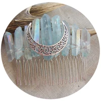 quartz raw ghost blue gray crystal crescent moon hair pin side comb bridal crown tiara wedding veil witch gothic