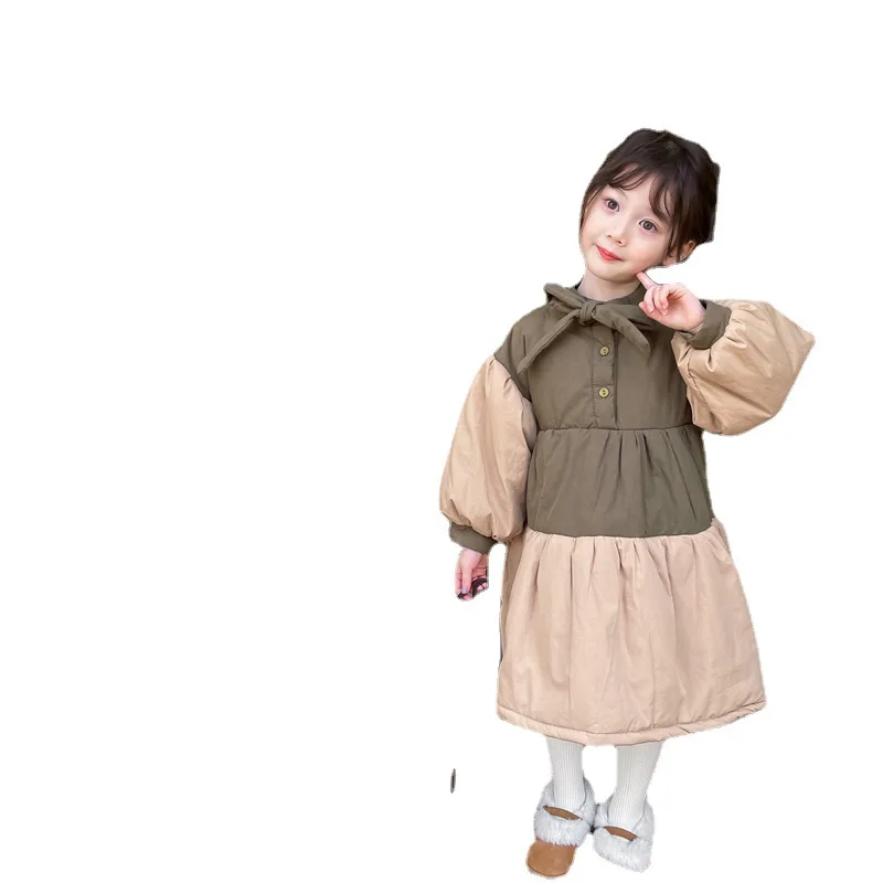 

Платье с длинным рукавом до колен, пуловер А-силуэта, однотонное, из хлопка, новинка, модная простая, милая, теплая, зимняя, осенняя, детская о...