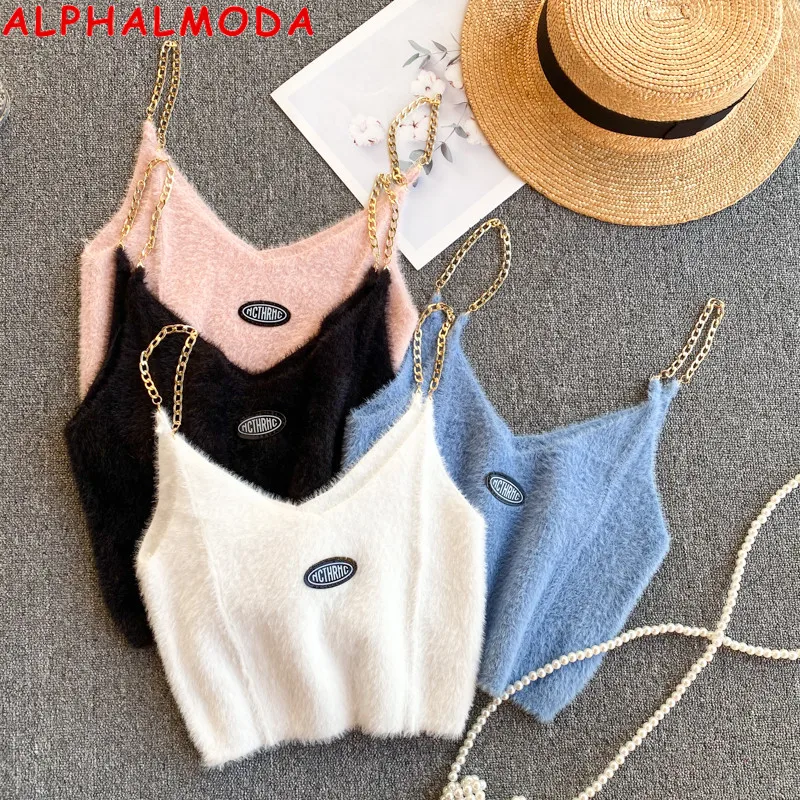 

ALPHALMODA 2021 Spring Winter Women Soft Furry Vest Chain Strap Solid Color Cropped Camis Top Fashion Female Bottom Sling Vest