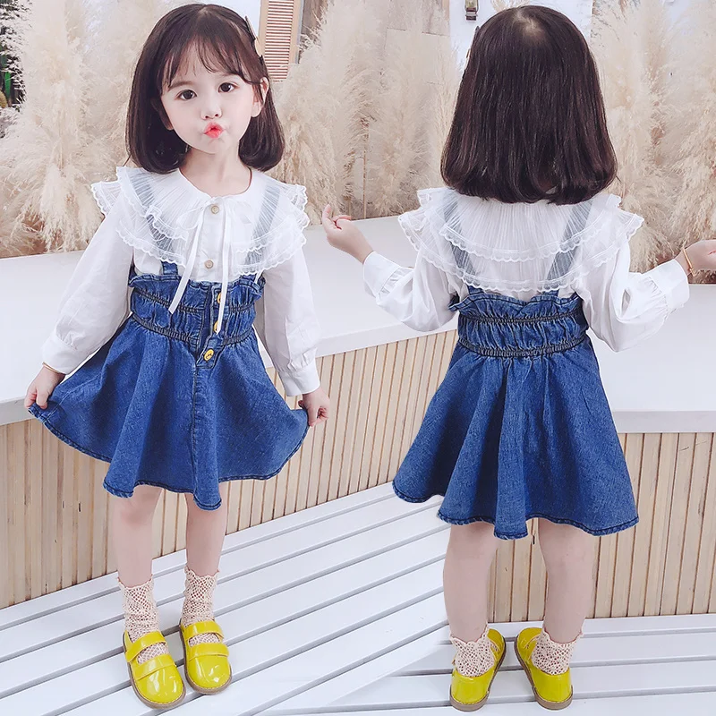 Ropa Para Niñas De 0 A 3 Años Girls White Long-sleeve Lace Top Fashion Denim Skirt Sets Toddler Girl Clothes Two Piece Outfits | Детская