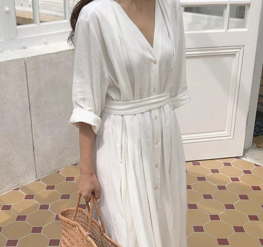 KIYUMI Boho платье женские хлопковые длинные платья осенний кардиган с длинным рукавом на пуговицах свободное цыганское шикарное пляжное белое Повседневное платье