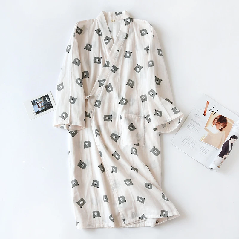 

Women Cardigan Japanese Kimono Yukata Sleepwear Nightgown Kawaii Girls Bear Print Unisex Lover Pajamas Summer Cotton Home Wear