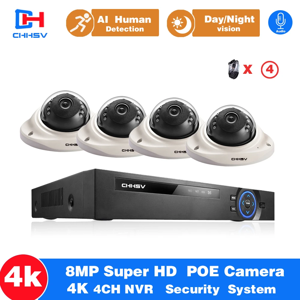 H.265+ 4CH 4K POE Security Camera System Kit 4PCS 8MP Ultra HD IP Outdoor Waterproof CCTV Home Video Surveillance NVR Set | Безопасность