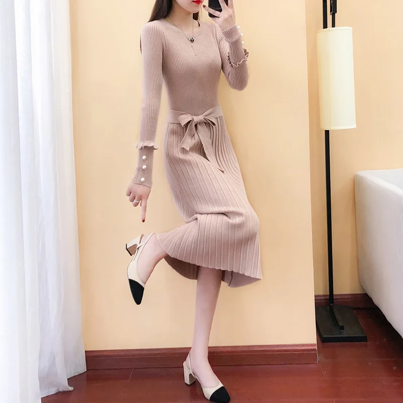 

2019 Spring and winter Women Korean O-Neck version of cultivating long Knitted sweater dress ugly christmas sweater Pullovers