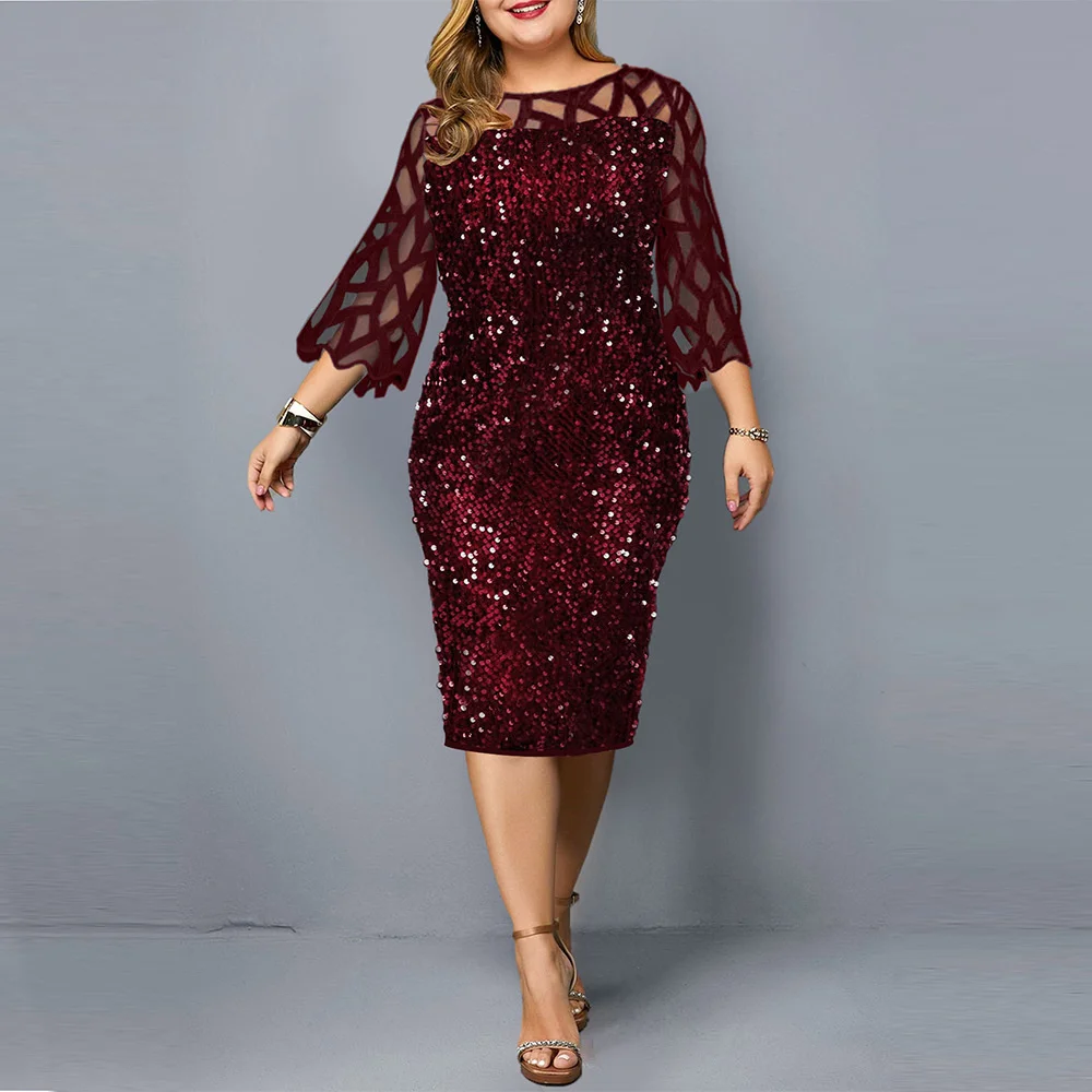 

Dress Women's Summer Dress for 2021 Elegant Sequin Mesh Women Casual Dresses Wine Red Ladies Wedding Evening Club Outfits