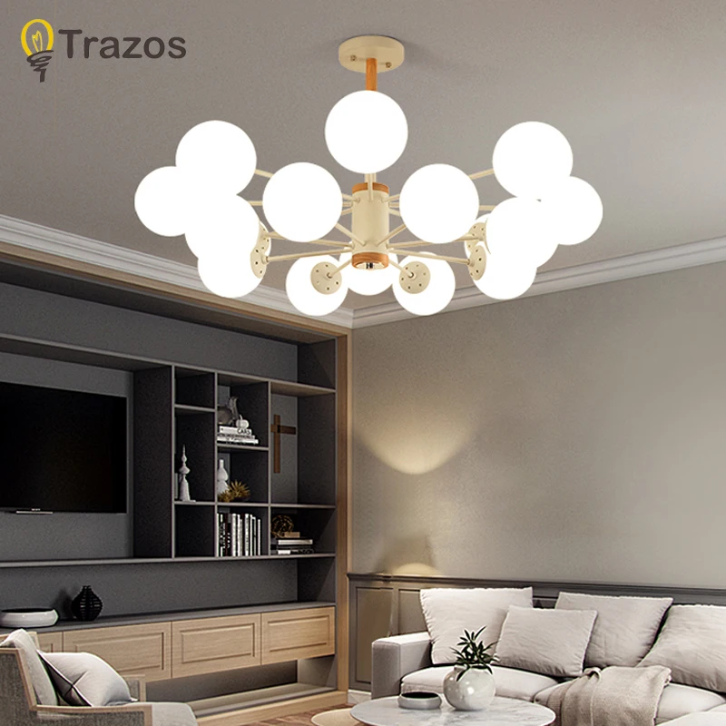 

TRAZOS Wooden LED Pendant Lights with Glass Lampshade For Dining Room Metal Cord Hang Lamp Adjustable Hanging Lighting Fixture