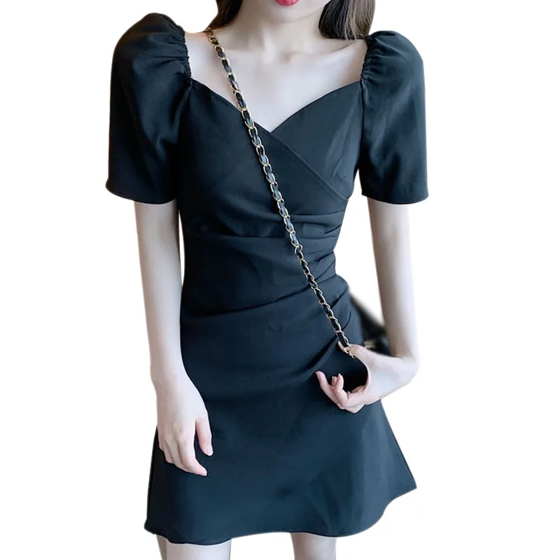 

Women's Temperament Casual Dress Female Bubble Sleeve Show Thin Irregular Vestidos
