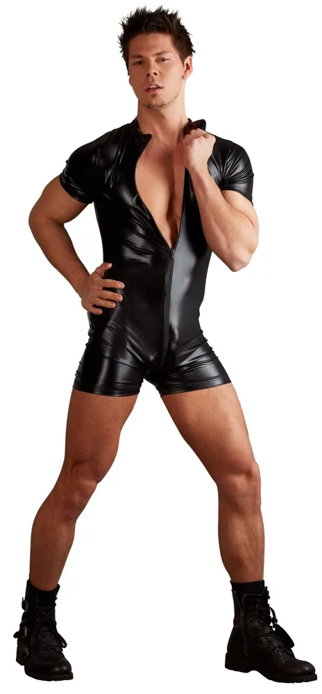 Plus S-3XL Good Quality Male PVC Leather Teddy Bodysuit Open Crotch Front Zipper Jumpsuit Mens Fetish Latex Clubwear Catsuit