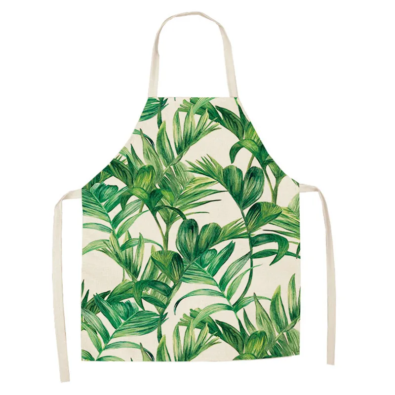 

1Pcs Green Leaf pattern Cleaning Art Aprons Home Cooking Kitchen Apron Cook Wear Cotton Linen Adult Bibs 53*65cm 46342-2